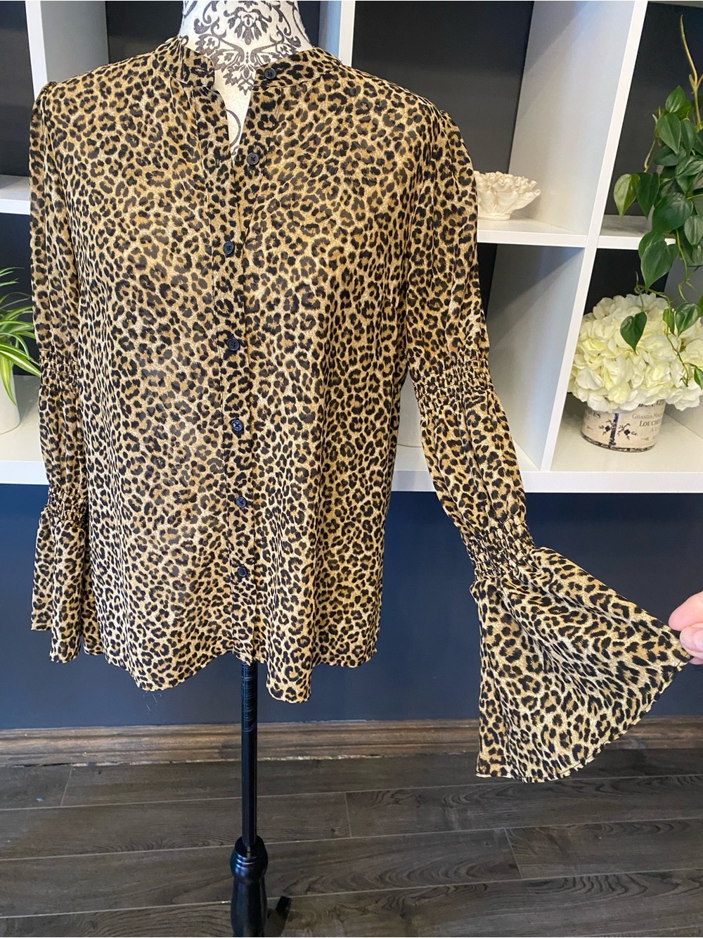Michael Kors Leopard Print Button-up Shirt in Tan and Black With Bell Sleeves S